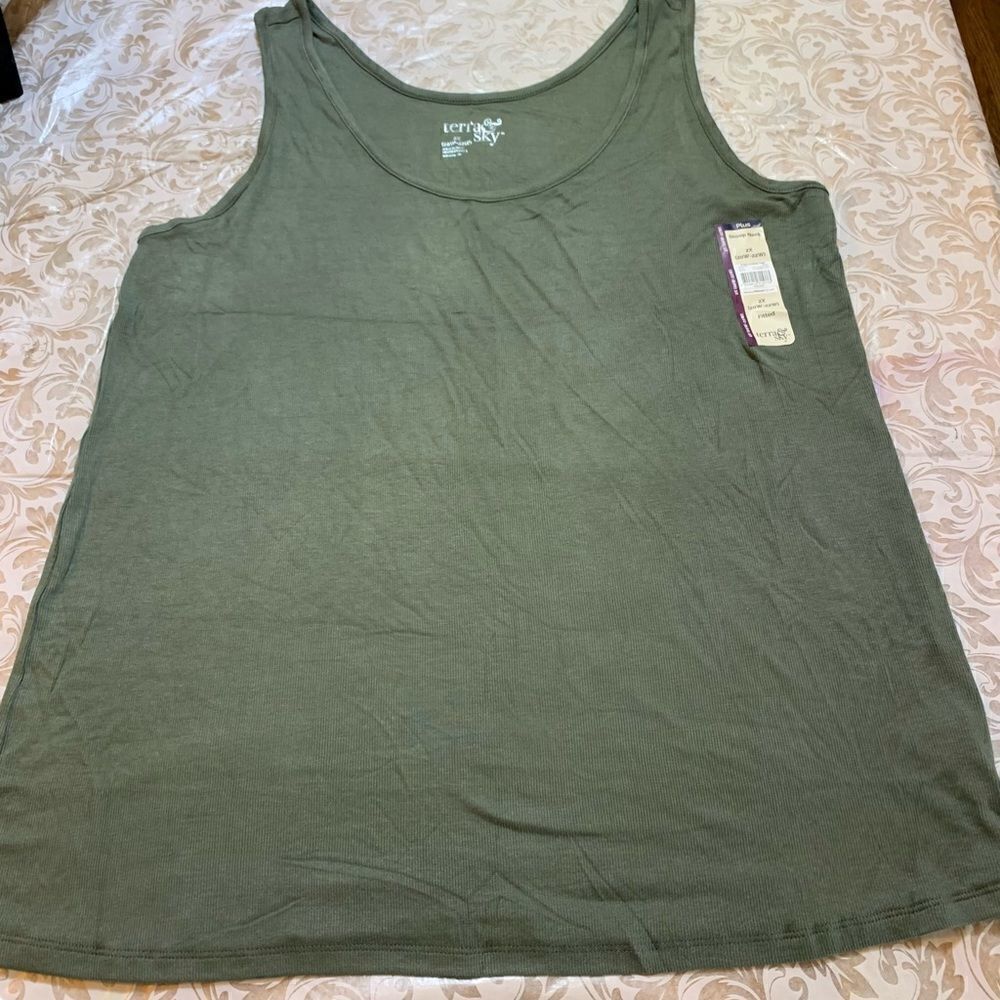 Terra & Sky Tank Top Olive Green Modal Rayon Fitted Soft Stretchy Sexy Sz 2X NWT